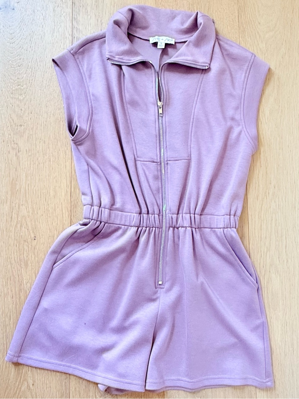 She + Sky Lavender Sleeveless Scuba Zip-Front Romper